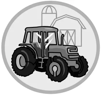 Icon with tractor and barn in grayscale